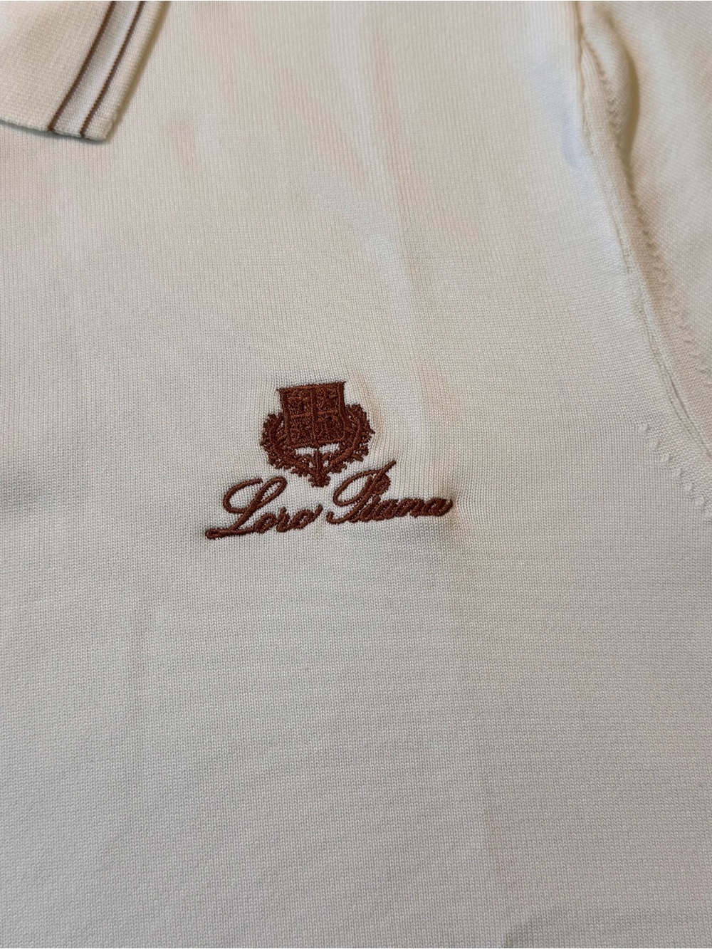 Loro Piana Men’s Large White Cream Polo Shirt with Brown Logo and Collar Trim - Picture 3 of 6